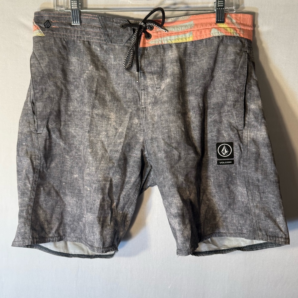 Volcom Men's Charcoal Swim Shorts with Coral and Yellow Accents